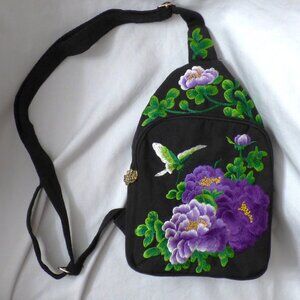 Tibetan Hand Embroidered Floral Cross Shoulder Zipped Pouch Purse Bag